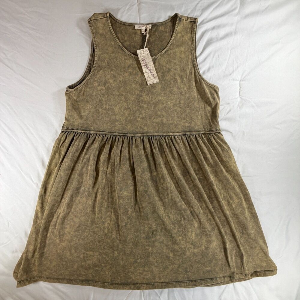 NWT Mystree Mineral Wash Sleeveless Babydoll Mini Dress - Olive / Moss Green